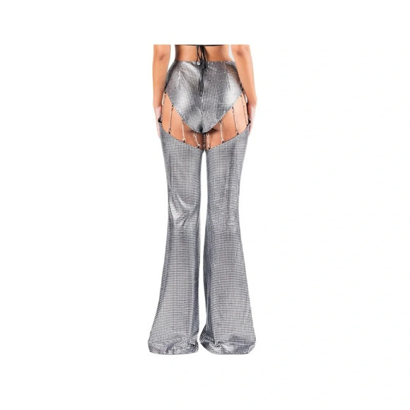 Finesse Sadie Cut-Out Metallic Silver Flare Pants Disco Chains Sz M Burning Man - Picture 3 of 13